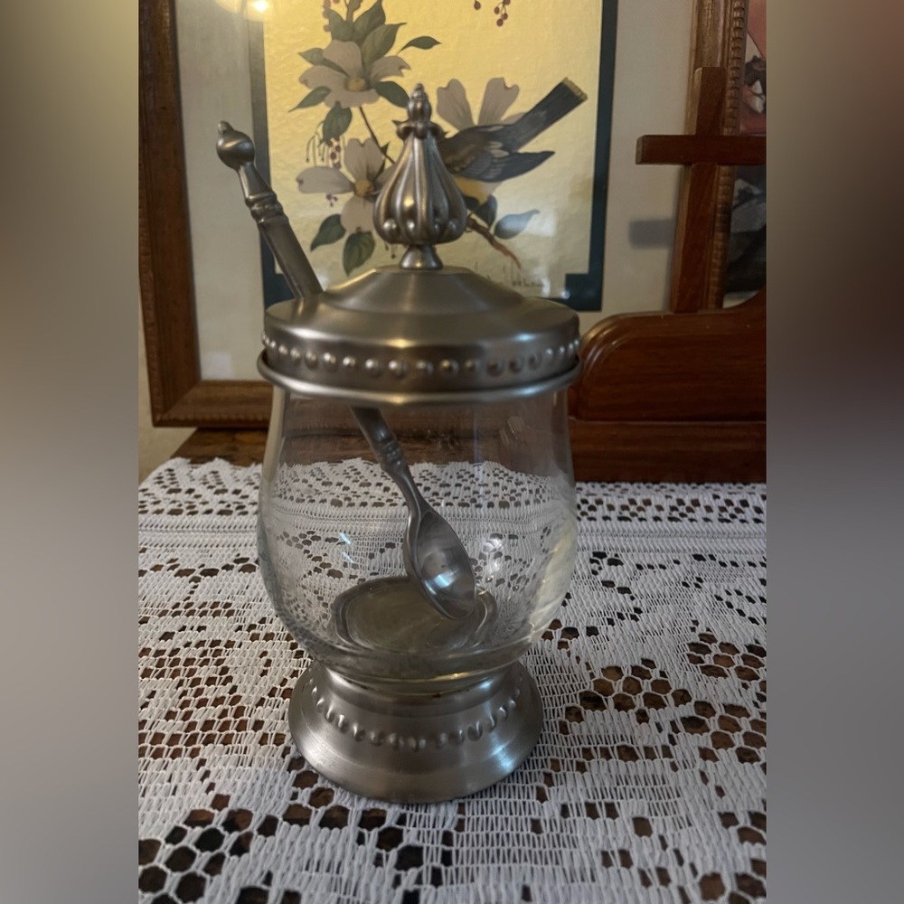 Elegant Silver and Glass Jar with Spoon